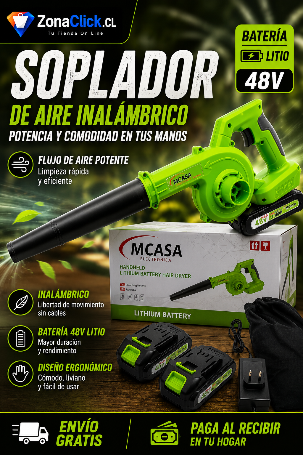Soplador Aspiradora Inalámbrico Mcasa 48V + 🚚ENVÍO GRATIS + PAGA AL RECIBIR🏠
