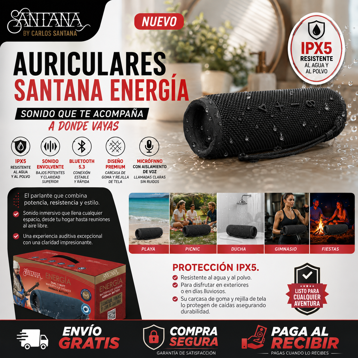 Santana Energía Parlante Bluetooth 5.3 🚚ENVÍO GRATIS + PAGA AL RECIBIR🏡