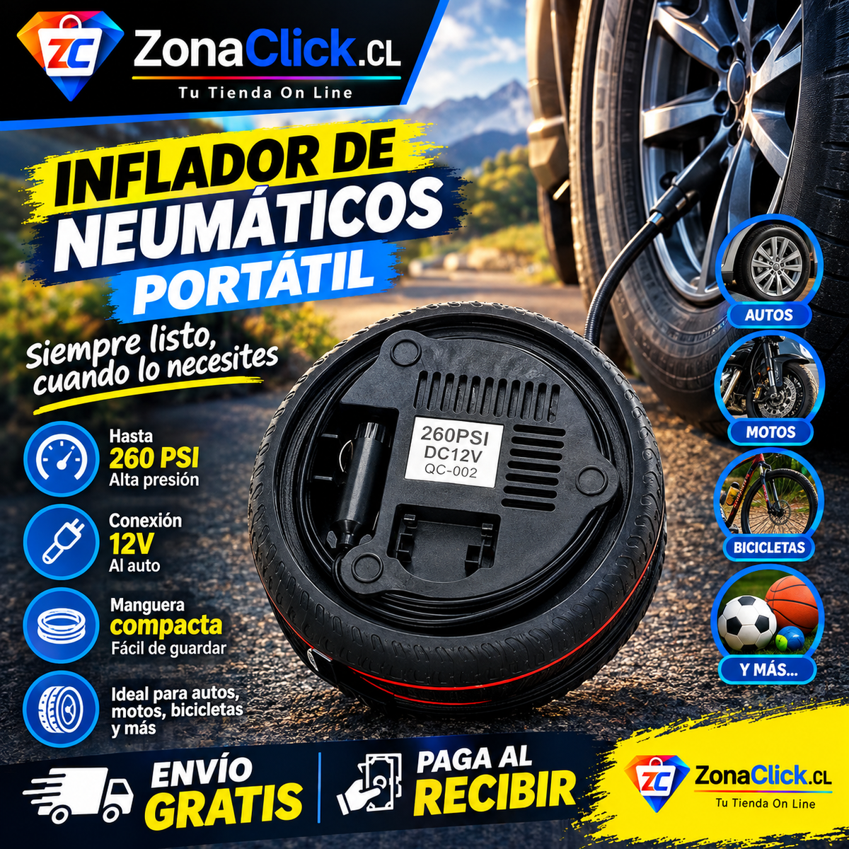 Inflador de Neumáticos Tipo Rueda 🚚ENVÍO GRATIS + PAGA AL RECIBIR🏠