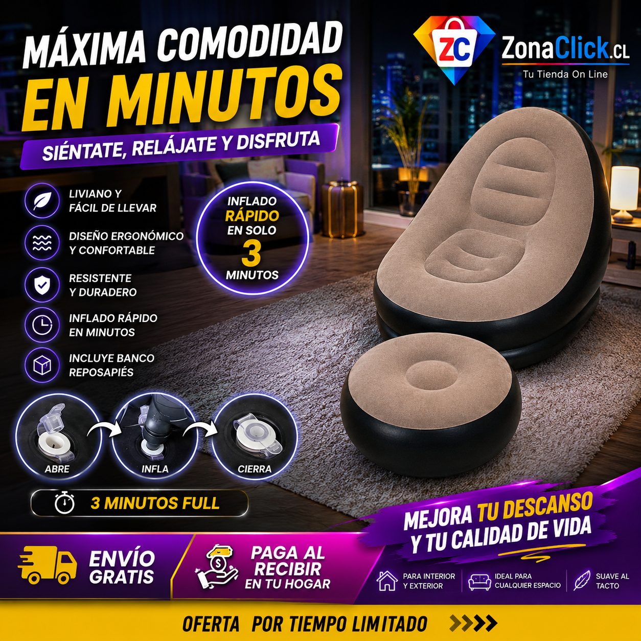 Sofá Inflable + Reposa Pies de Regalo + 🚚 ENVÍO GRATIS + PAGA AL RECIBIR 🏡