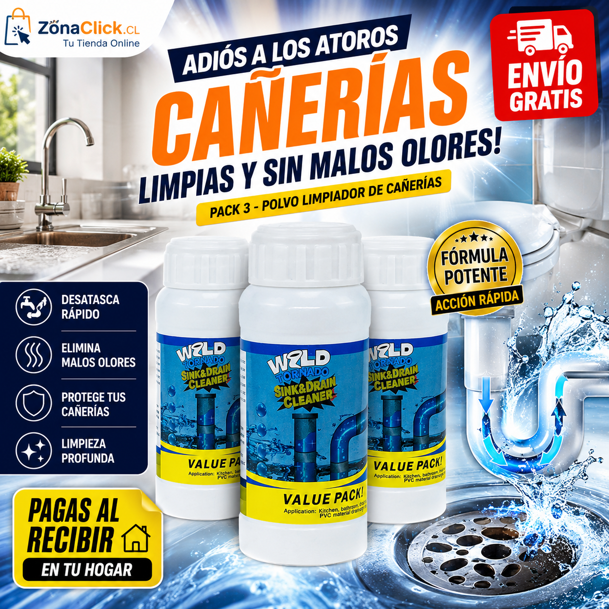 Pack 3 - Polvo Limpiador de Cañerías + ENVÍO GRATIS + PAGAS AL RECIBIR 🏠