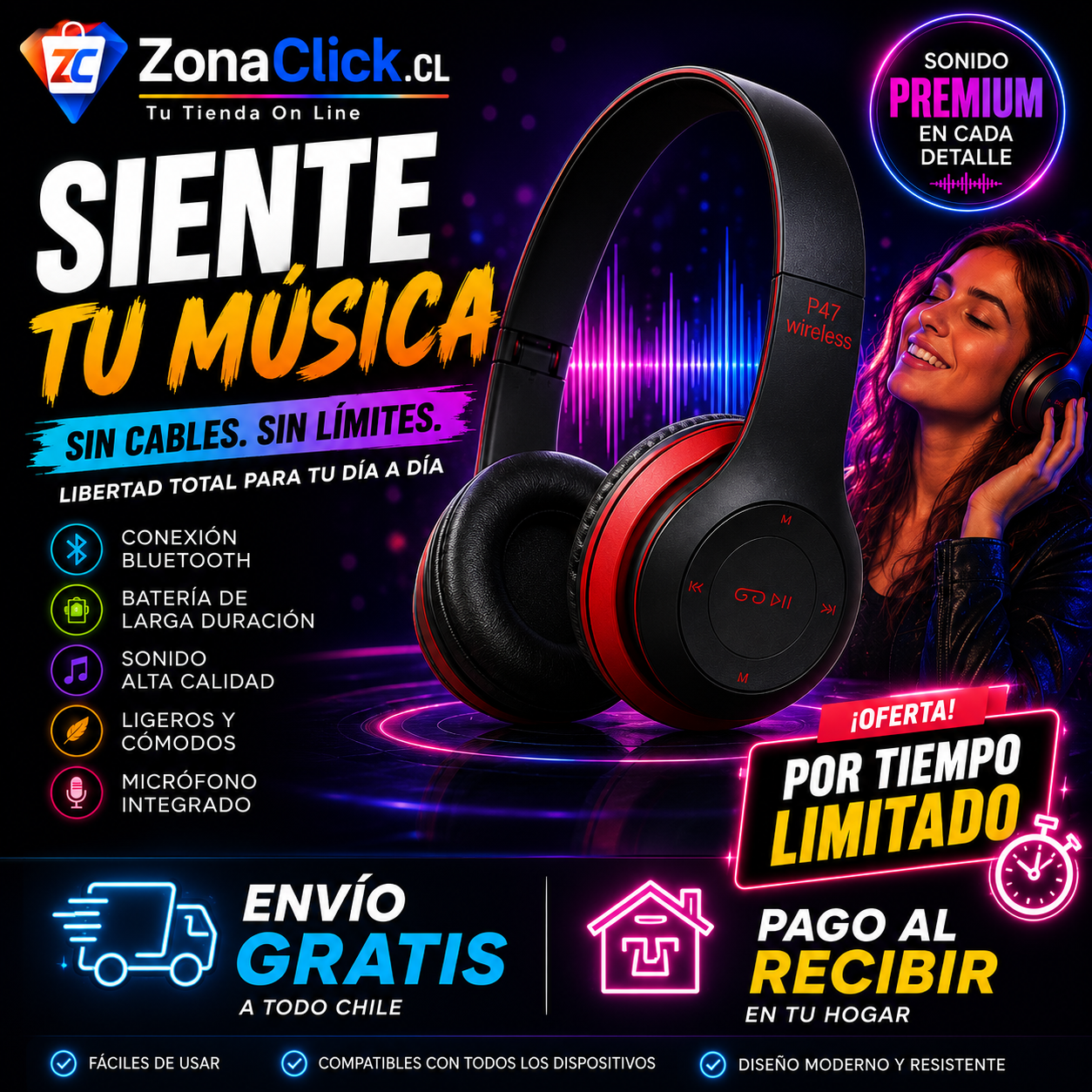 🎵Audífonos Bluetooth Inalámbricos P47 + 🚚 ENVÍO GRATIS + PAGA AL RECIBIR 🏠
