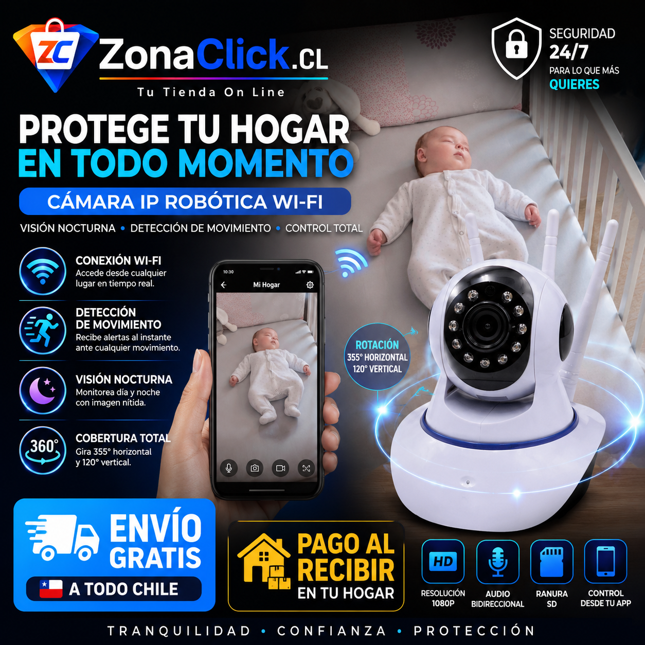 Cámara IP Robótica de Seguridad Wi-Fi Visión Nocturna + ENVÍO GRATIS + PAGA AL RECIBIR