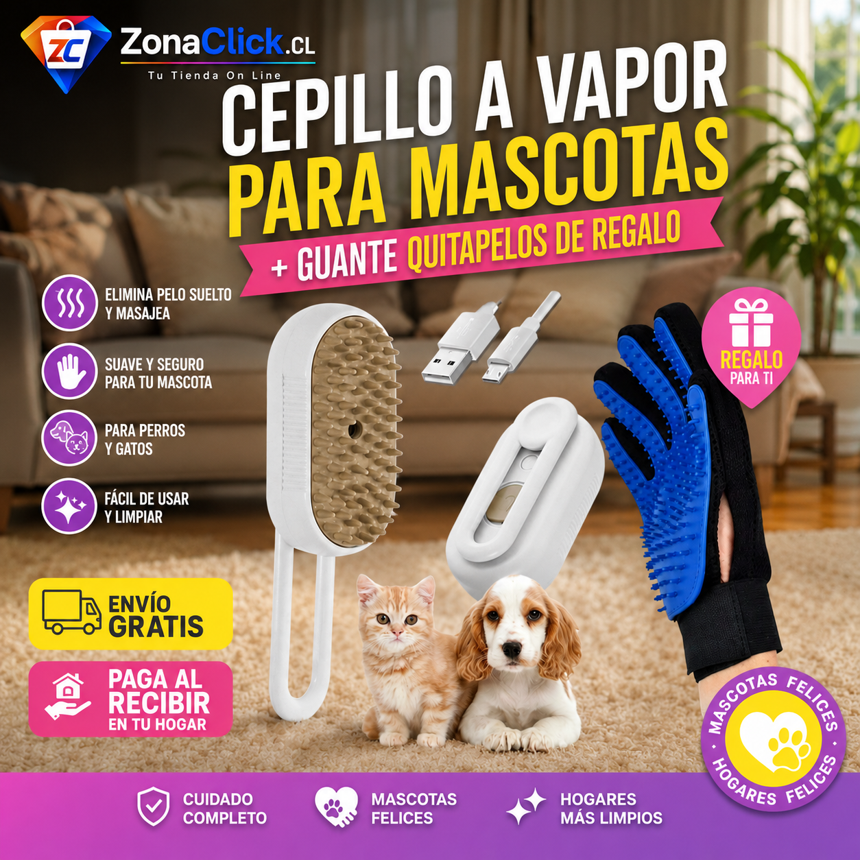 🐶🐱Cepillo a Vapor + GUANTE QUITAPELOS DE REGALO + ENVIO GRATIS + PAGA AL RECIBIR🏡