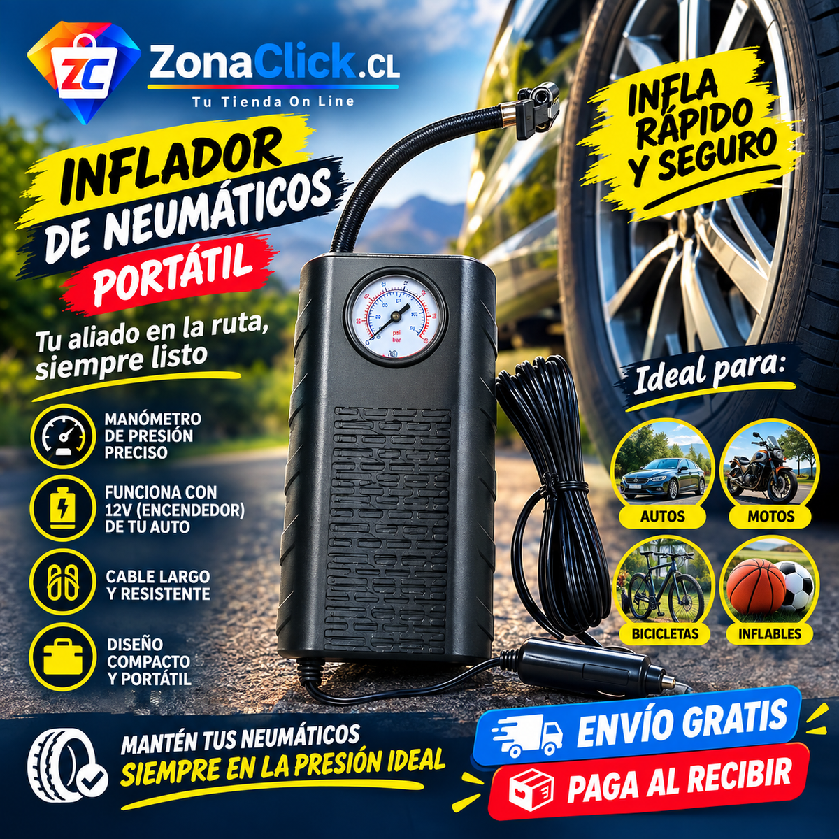 Mini Inflador de Auto, Bicicletas y Balones Portátil 🚚ENVÍO GRATIS + PAGA AL RECIBIR🏠