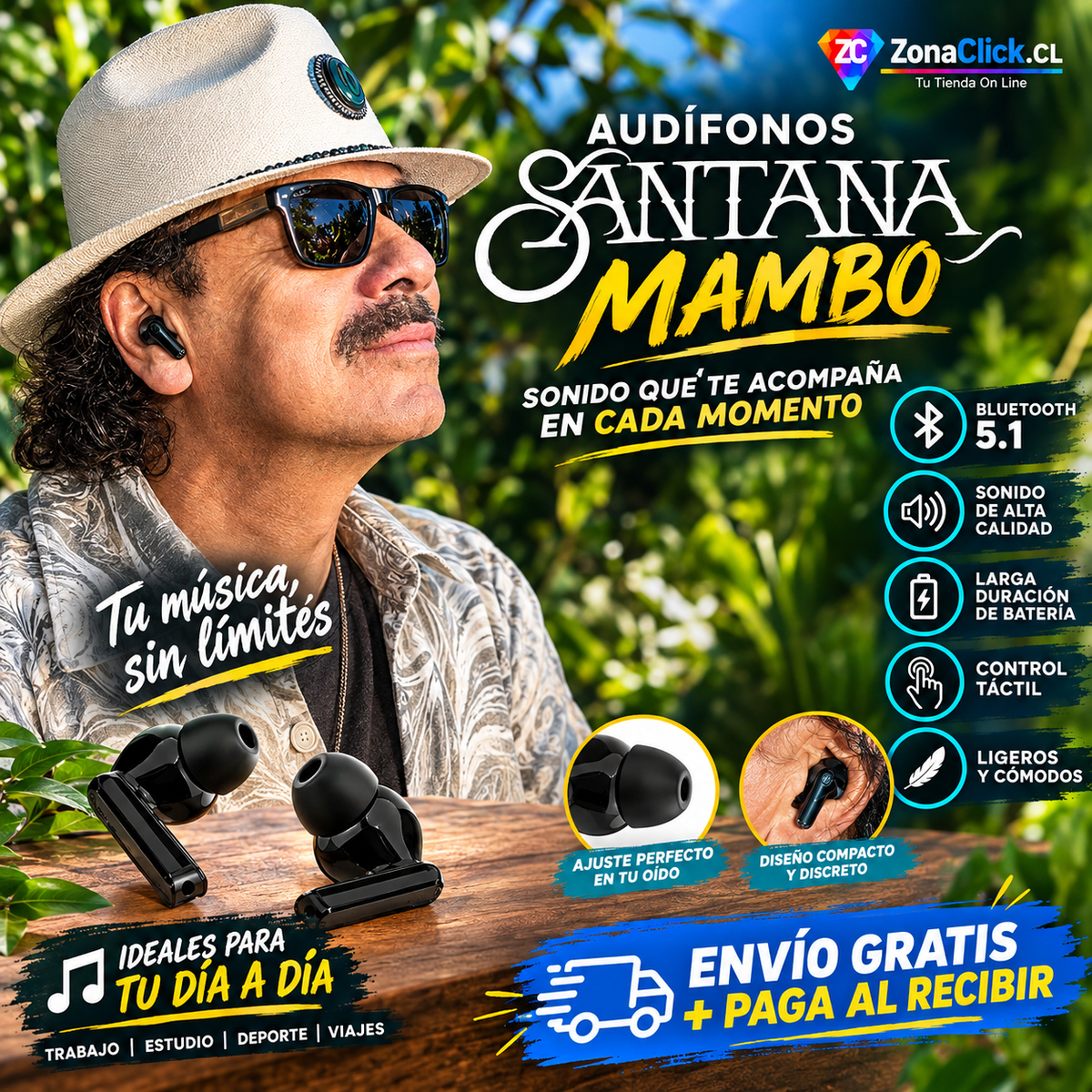 🎧Santana Mambo Auriculares Inalámbricos🎶🚚ENVÍO GRATIS + PAGA AL RECIBIR🏠