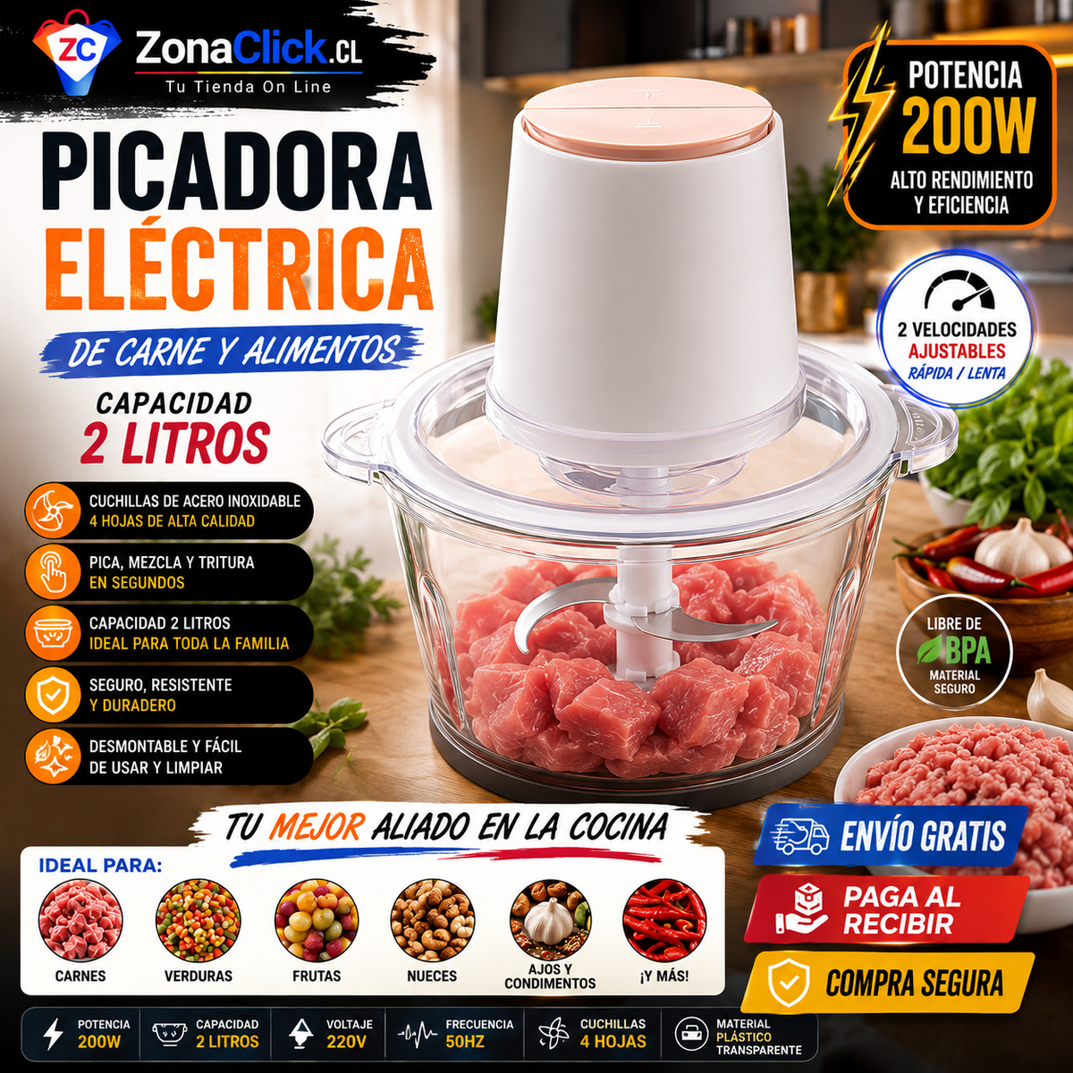 🔪PICADORA  BOLD TRANSPARENTE + 🚚ENVIO GRATIS + PAGA AL RECIBIR🏠