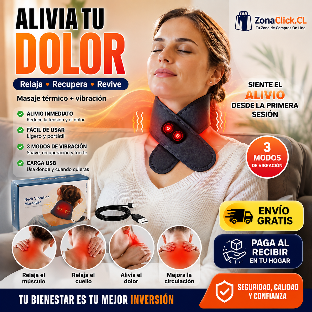 Masajeador Térmico De Cuello 2 en 1 Vibración y Terapia Calor + ENVÍO GRATIS