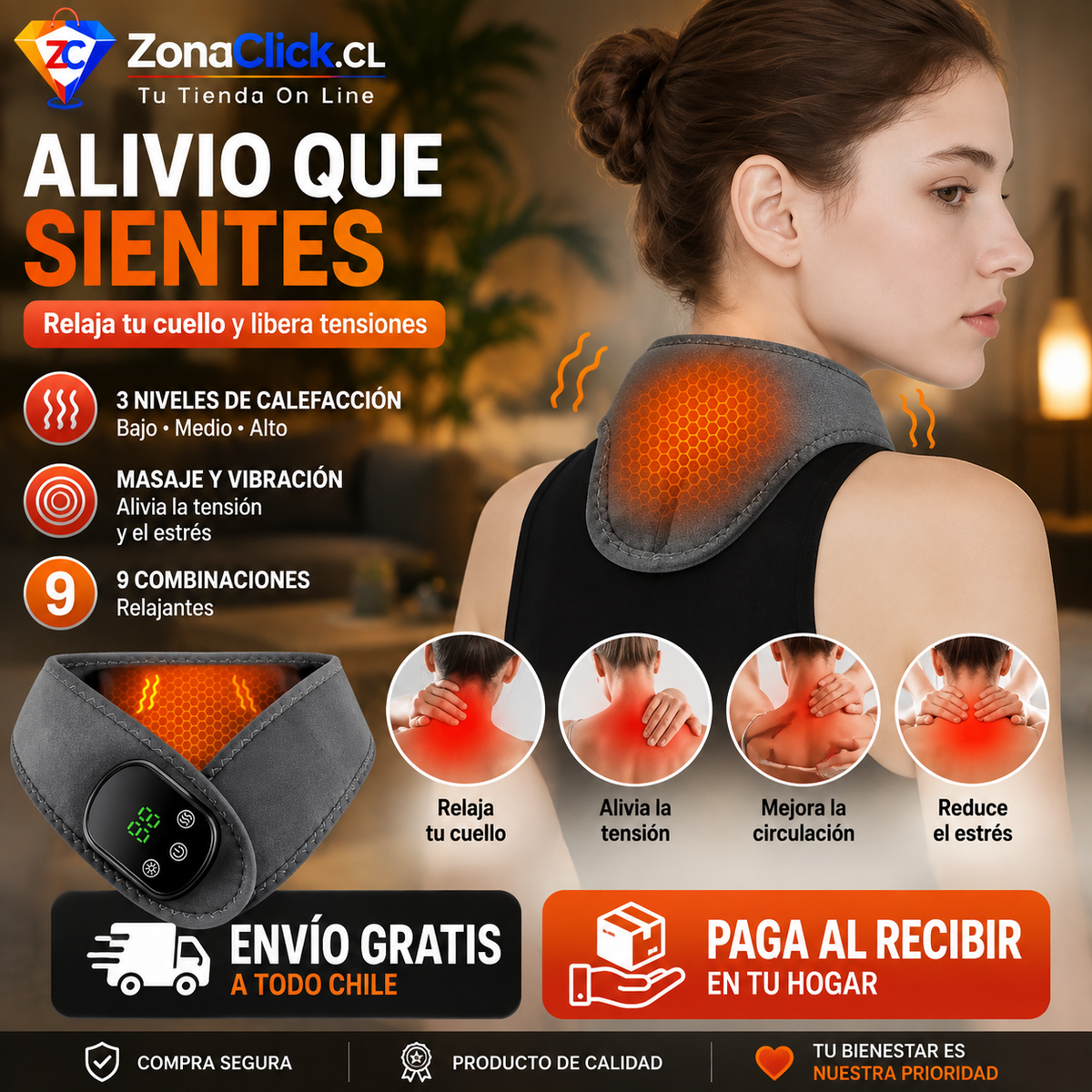 Masajeador Térmico De Cuello 2 en 1 Vibración y Terapia Calor + ENVÍO GRATIS