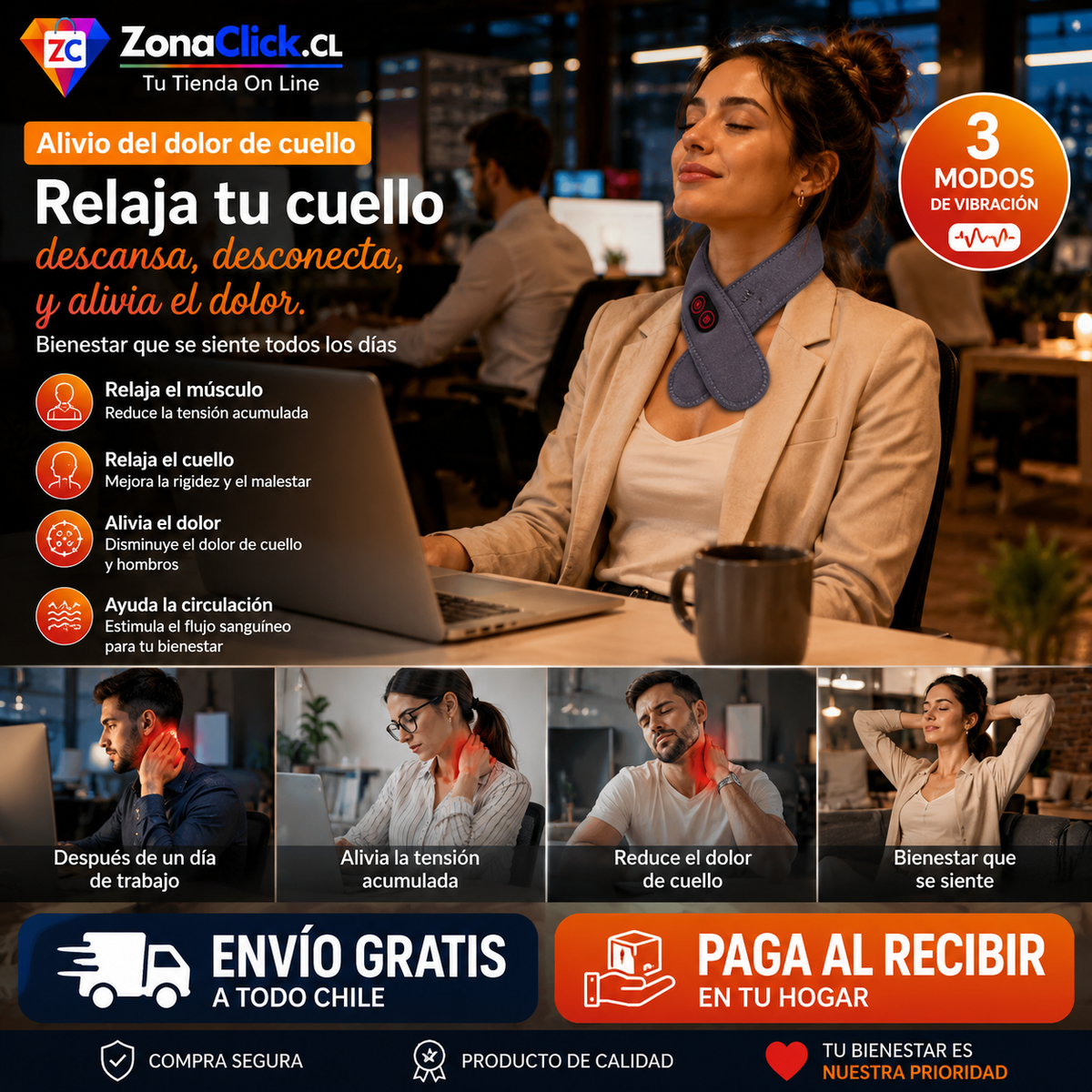 Masajeador Térmico De Cuello 2 en 1 Vibración y Terapia Calor + ENVÍO GRATIS