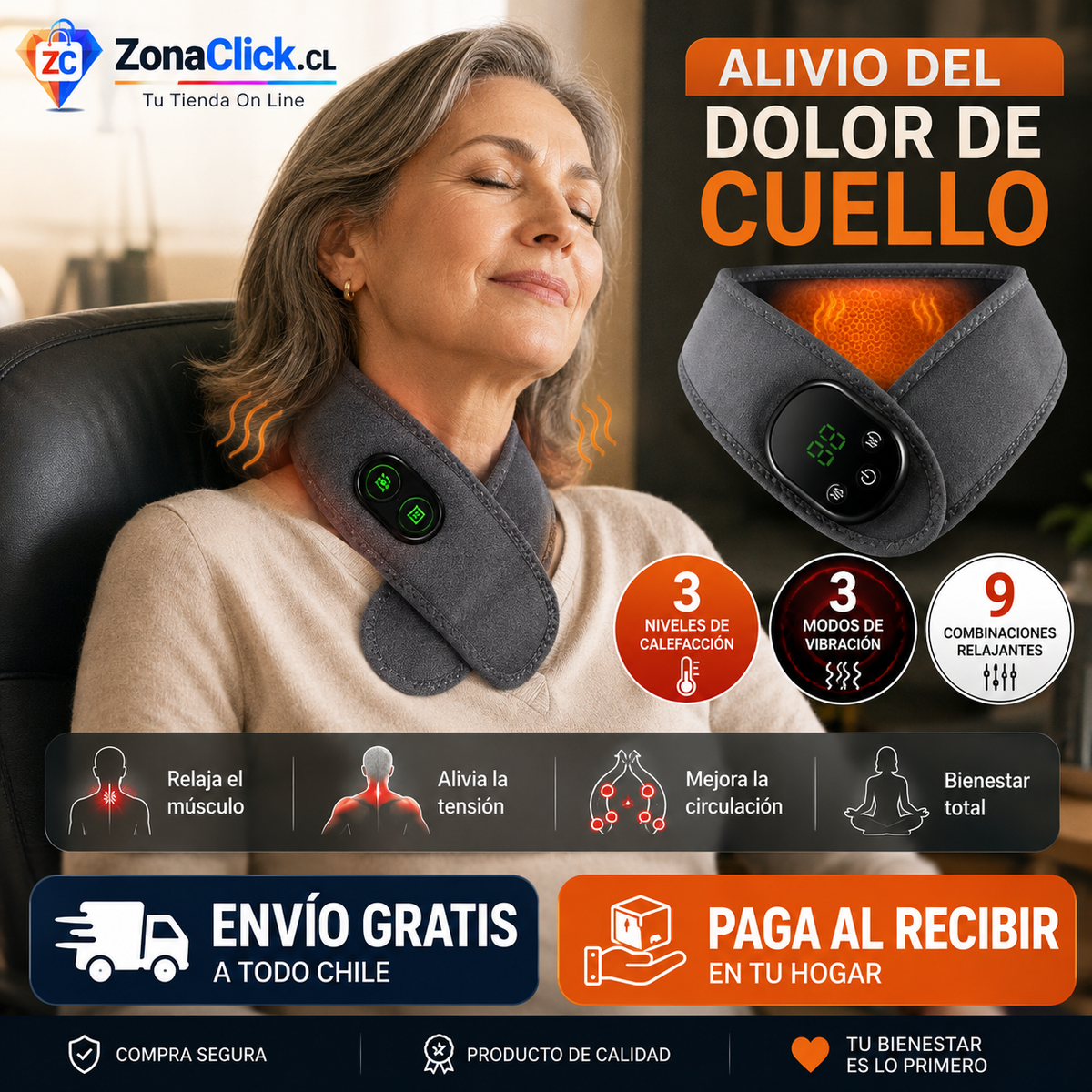 Masajeador Térmico De Cuello 2 en 1 Vibración y Terapia Calor + ENVÍO GRATIS