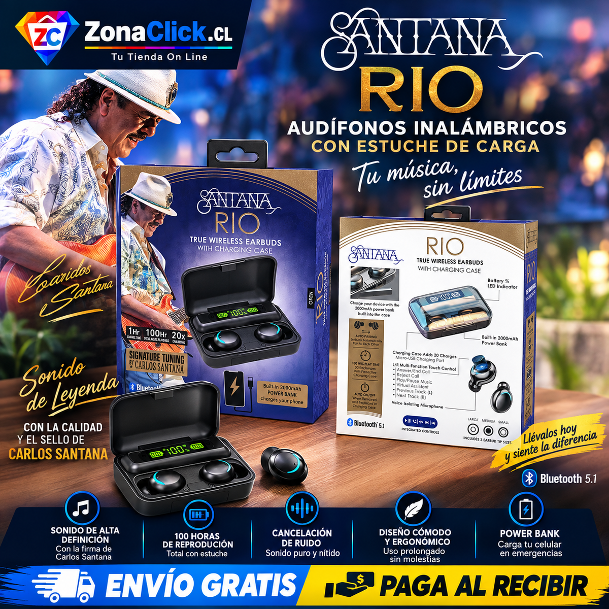 🎶 Santana Rio Auriculares 🎧 Bluetooth 5.1 🚚ENVÍO GRATIS + PAGA AL RECIBIR🏠