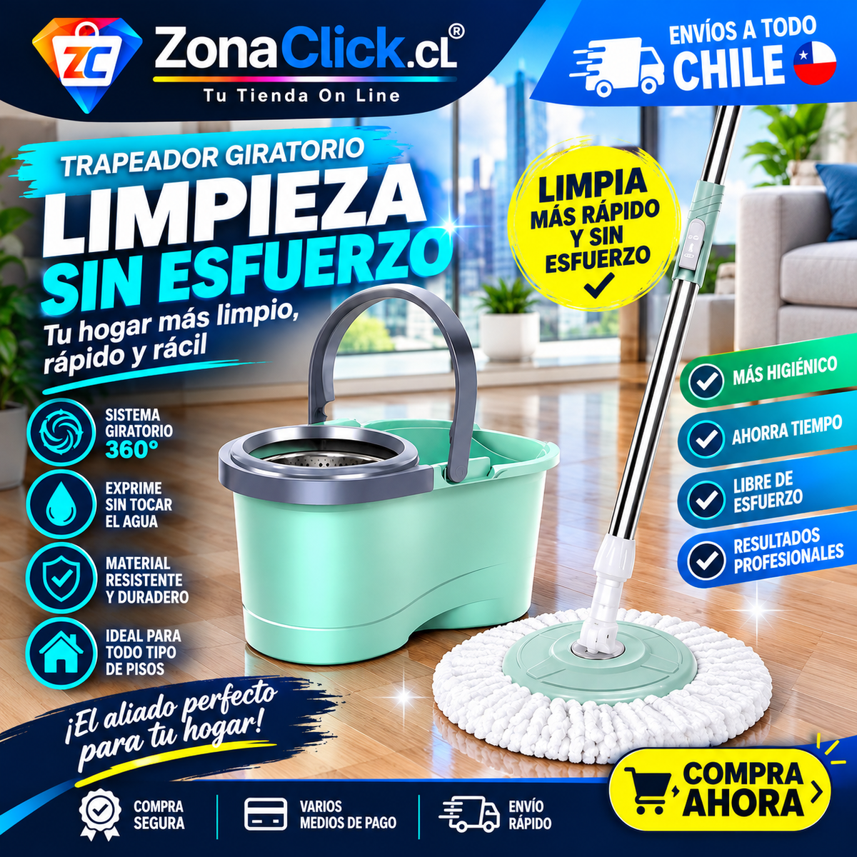 🧹Trapeador 360 Reforzado Con Una Mopa 🚚ENVÍO GRATIS + PAGA AL RECIBIR🏠