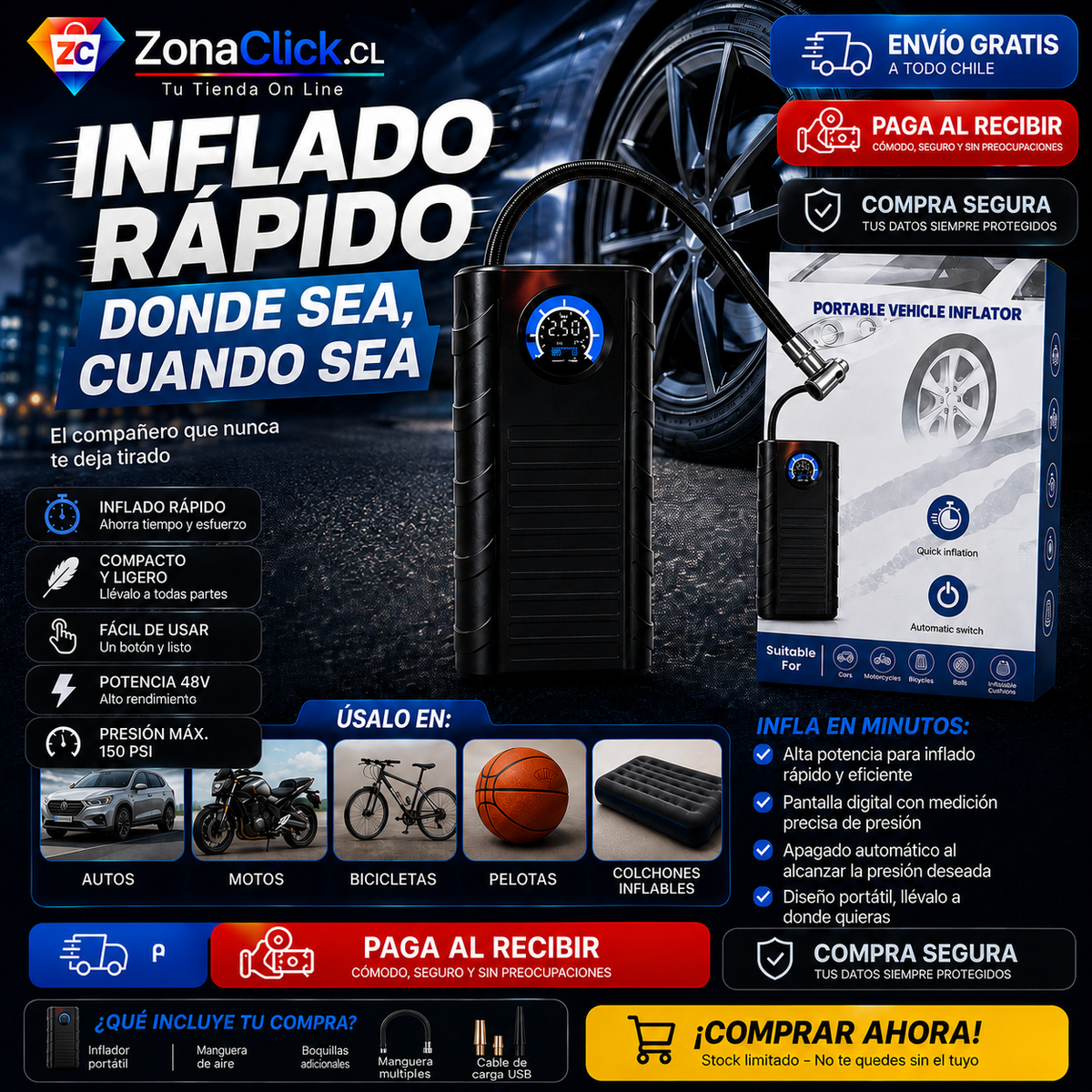Mini Inflador de Auto, Bicicletas y Balones Portátil 🚚ENVÍO GRATIS + PAGA AL RECIBIR🏠