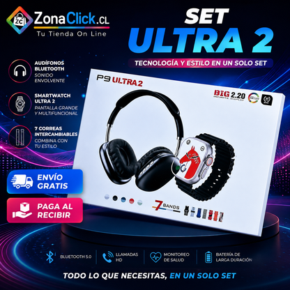 Set Smartwatch Ultra 2 + Audífonos Bluetooth + 7 Correas Intercambiables ENVÍO GRATIS🏠