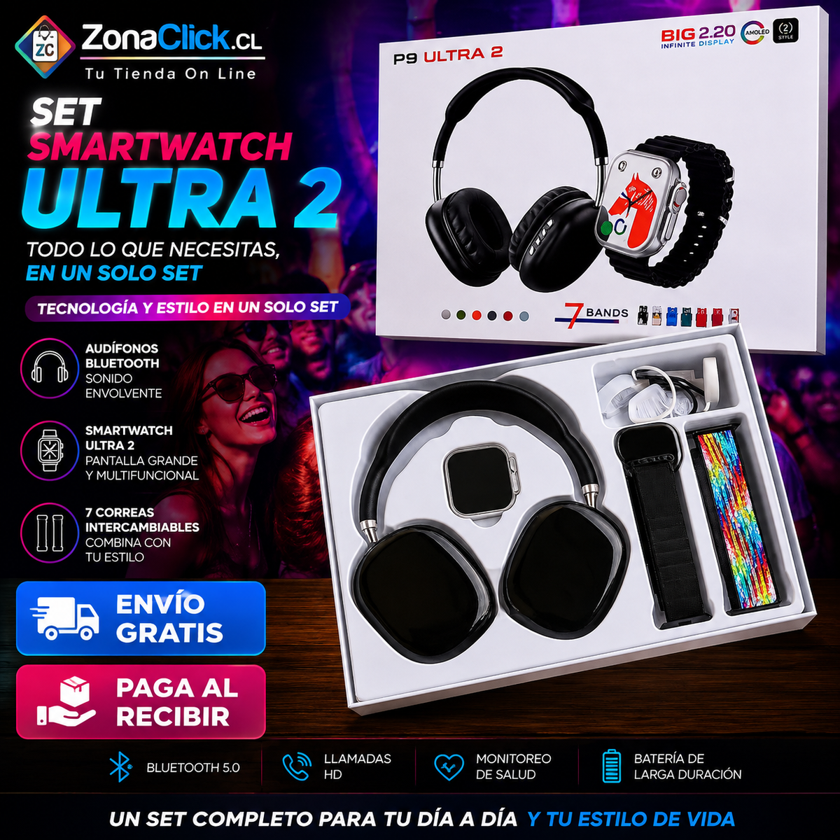 Set Smartwatch Ultra 2 + Audífonos Bluetooth + 7 Correas Intercambiables ENVÍO GRATIS🏠