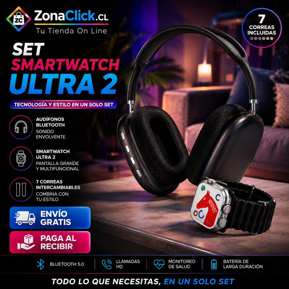 Set Smartwatch Ultra 2 + Audífonos Bluetooth + 7 Correas Intercambiables ENVÍO GRATIS🏠