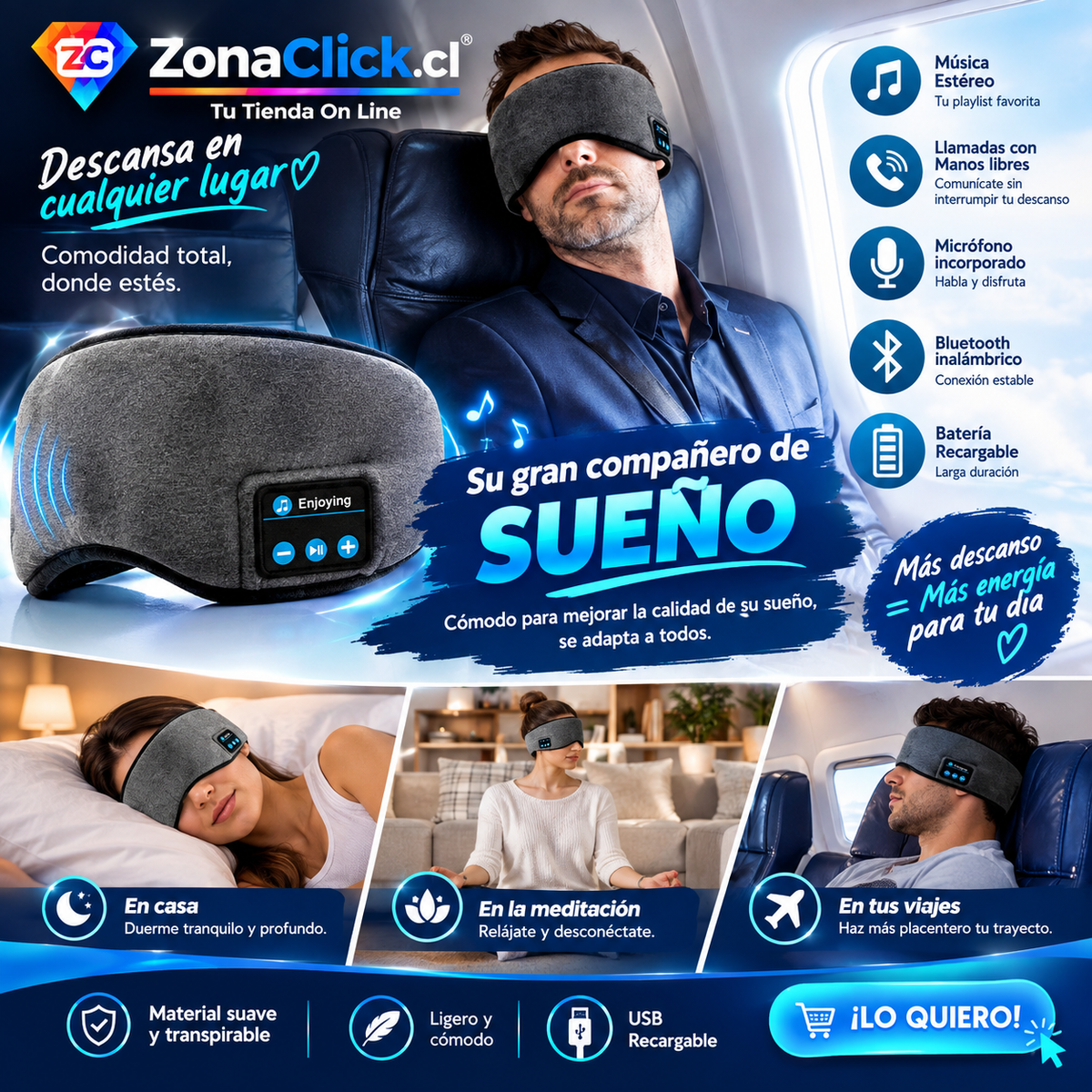 DreamSound™ Antifaz Para Dormir con Audio Bluetooth Recargable ENVÍO GRATIS🏠
