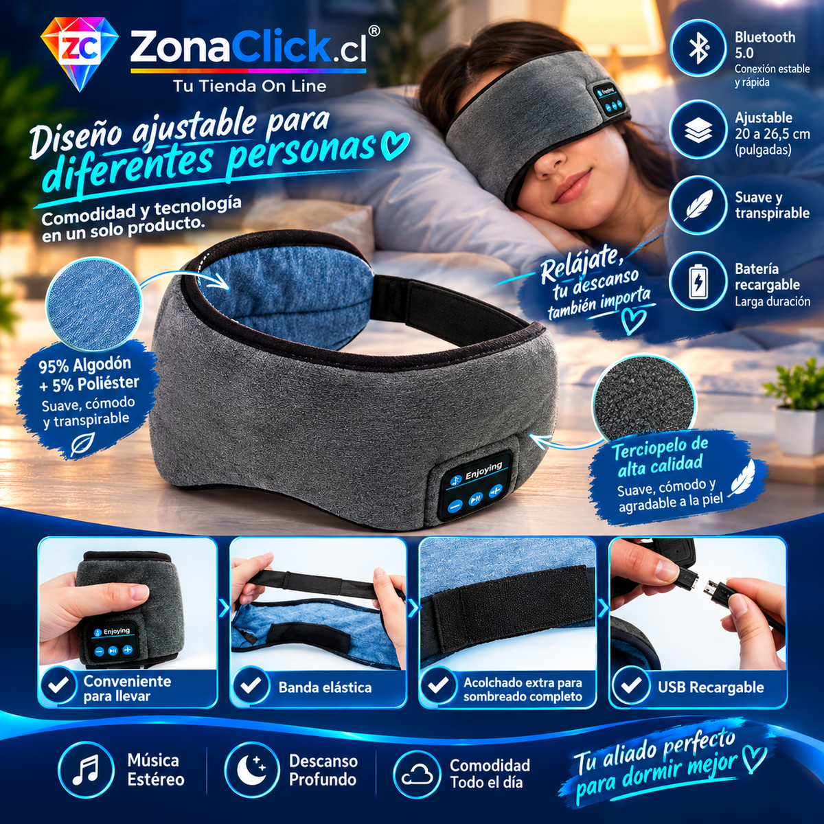DreamSound™ Antifaz Para Dormir con Audio Bluetooth Recargable ENVÍO GRATIS🏠