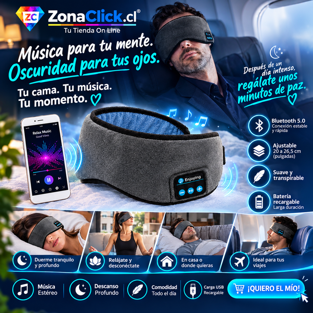 DreamSound™ Antifaz Para Dormir con Audio Bluetooth Recargable ENVÍO GRATIS🏠