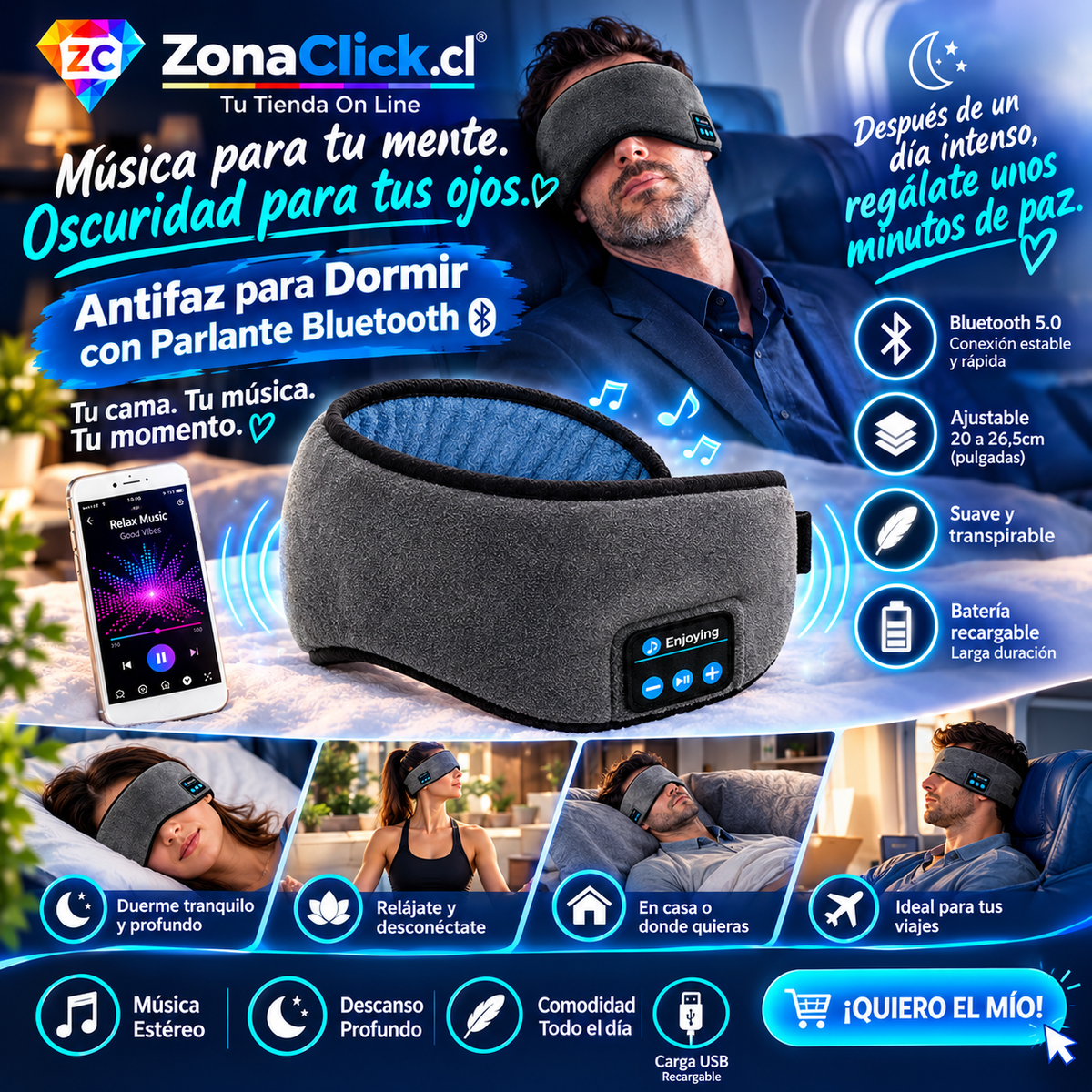 DreamSound™ Antifaz Para Dormir con Audio Bluetooth Recargable ENVÍO GRATIS🏠