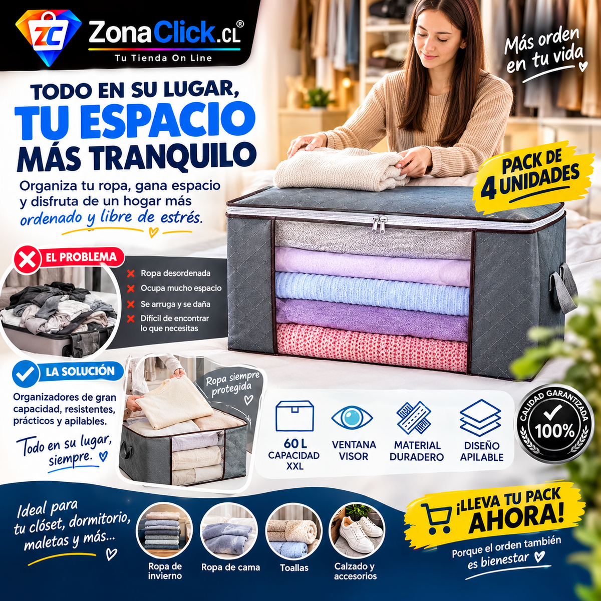Pack 4 - Organizador y Almacenador Ropa 🚚ENVÍO GRATIS + PAGA AL RECIBIR🏠