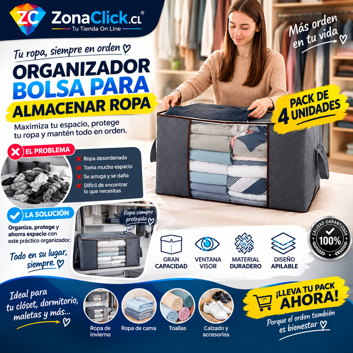 Pack 4 - Organizador y Almacenador Ropa 🚚ENVÍO GRATIS + PAGA AL RECIBIR🏠