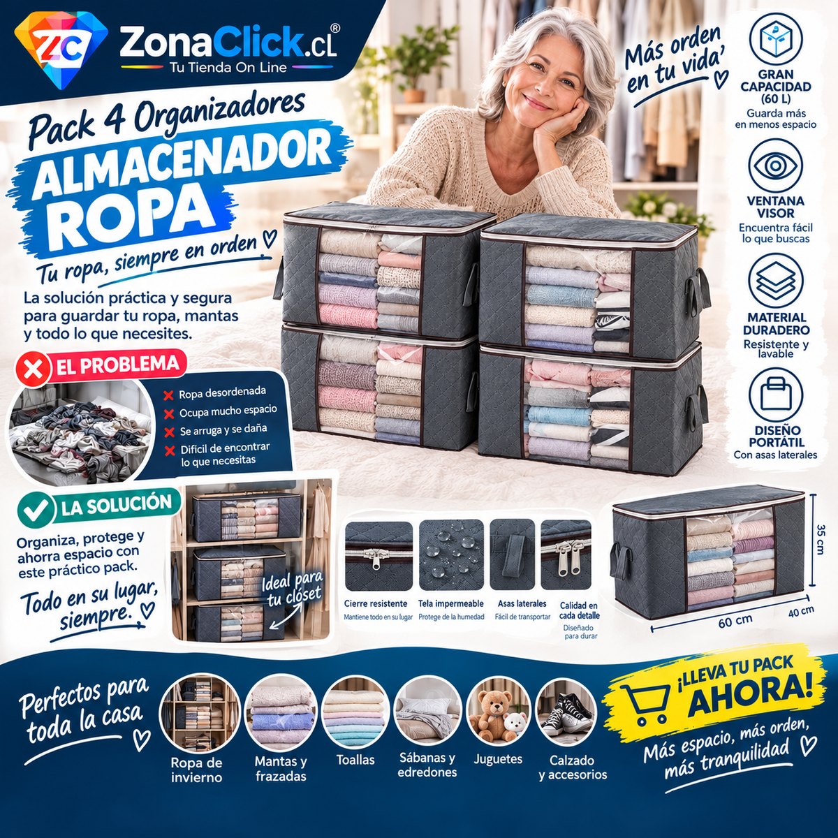 Pack 4 - Organizador y Almacenador Ropa 🚚ENVÍO GRATIS + PAGA AL RECIBIR🏠