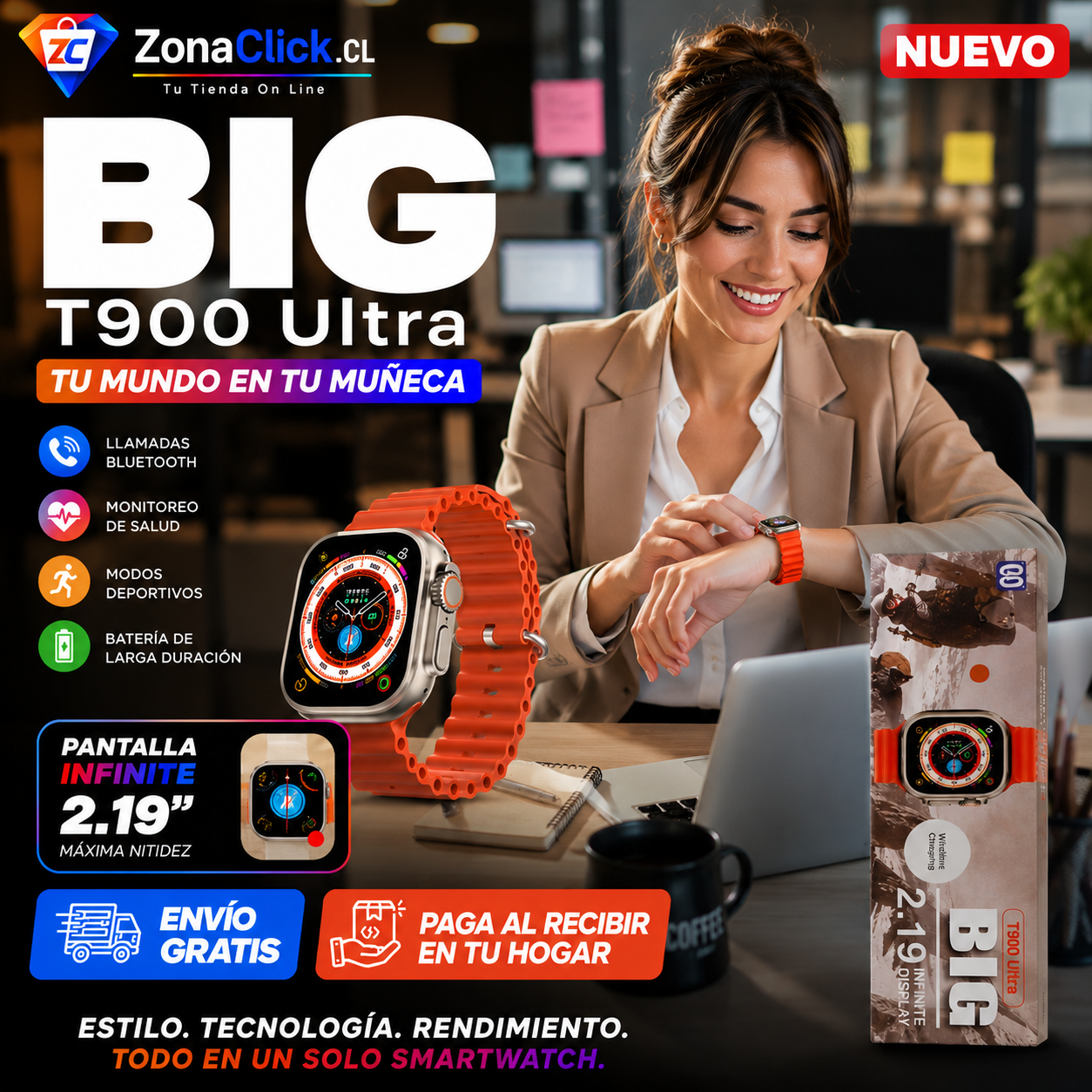 RELOJ SMARTWATCH T900 ULTRA BIG (MUJER) + ENVÍO GRATIS + PAGA AL RECIBIR