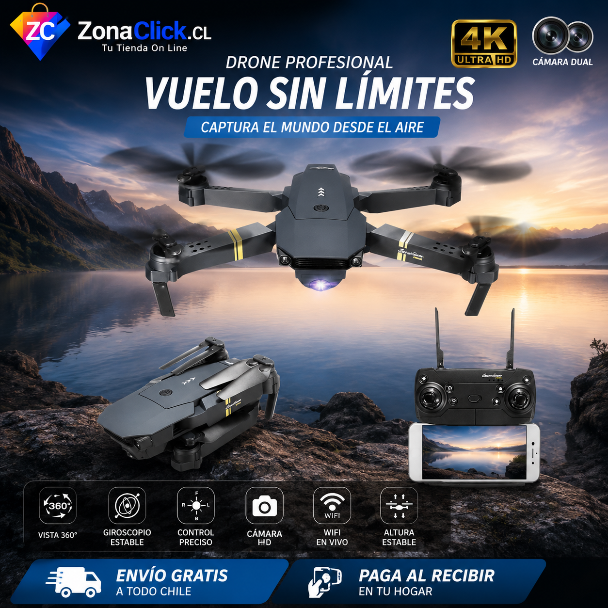 Dron Dual Camera ™ 4K Wi-Fi + 🚚ENVÍO GRATIS + PAGA AL RECIBIR 🏡
