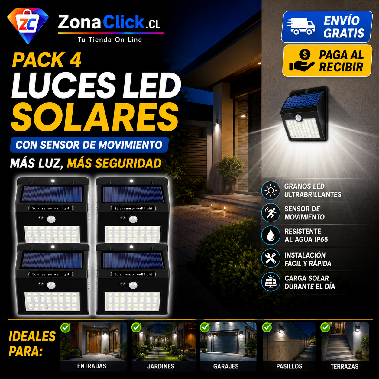 Pack 4 - Luces LED Solares para Exteriores + ENVÍO GRATIS + PAGA AL RECIBIR🏡