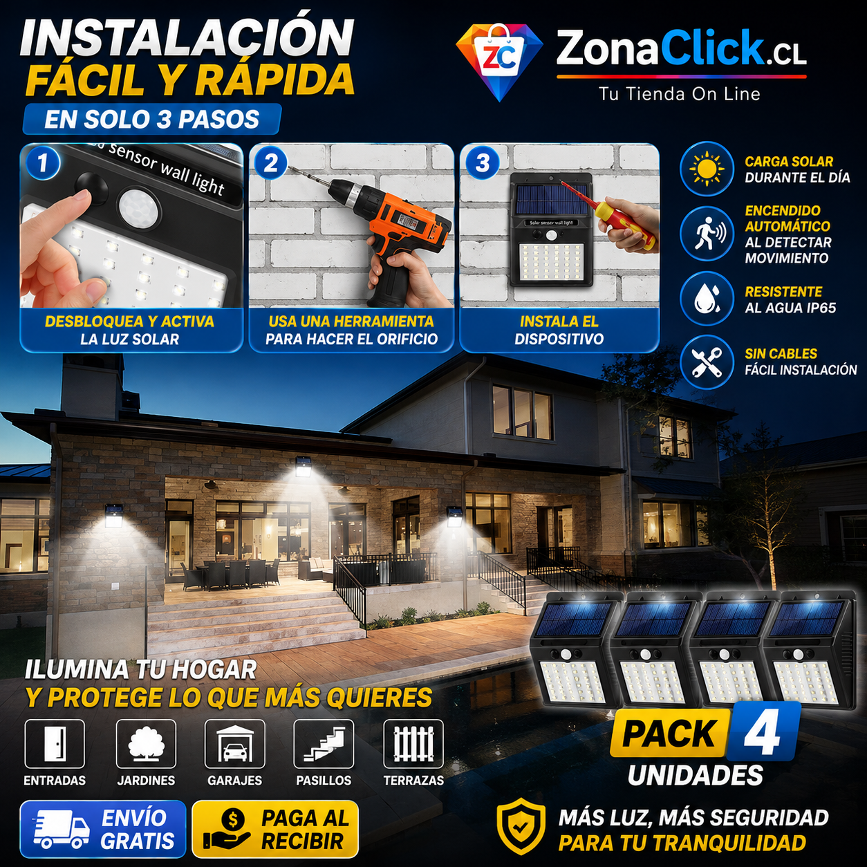 Pack 4 - Luces LED Solares para Exteriores + ENVÍO GRATIS + PAGA AL RECIBIR🏡