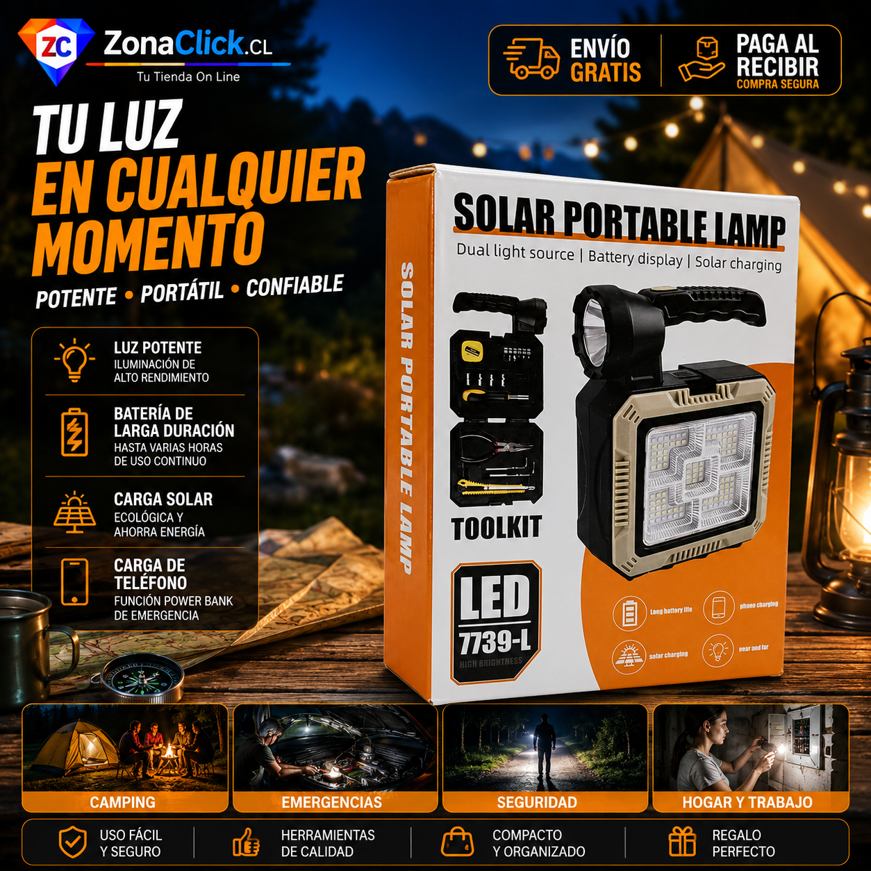 Linterna Carga Solar Kit Herramientas ENVÍO GRATIS + PAGA AL RECIBIR