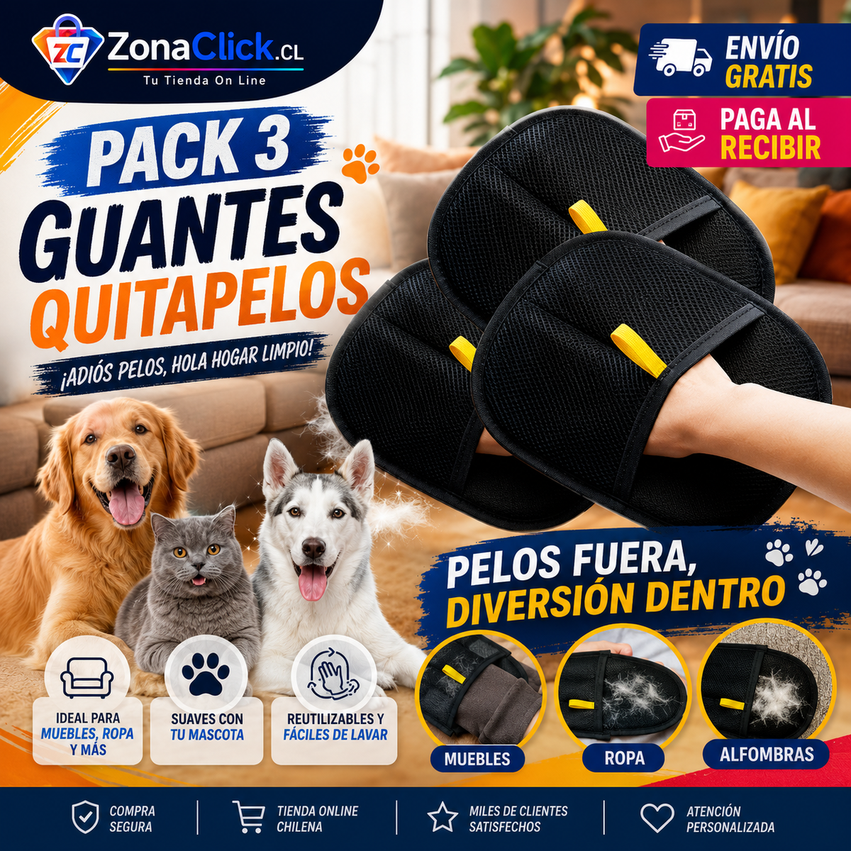 🐾 Pack 3 Guantes Removedor de Pelo Mascotas🐾ENVÍO GRATIS + PAGA AL RECIBIR🏠