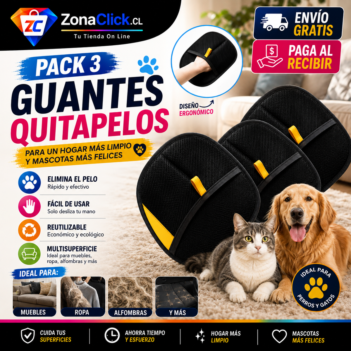🐾 Pack 3 Guantes Removedor de Pelo Mascotas🐾ENVÍO GRATIS + PAGA AL RECIBIR🏠