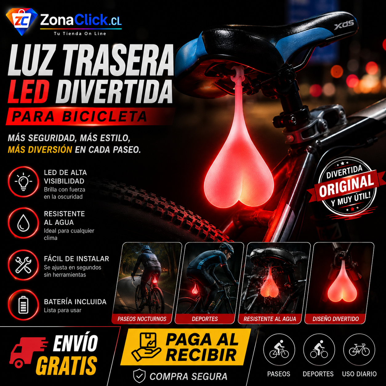 Luz Trasera LED Divertida 🍒 para Bicicleta ENVÍO GRATIS + PAGA AL RECIBIR🏠