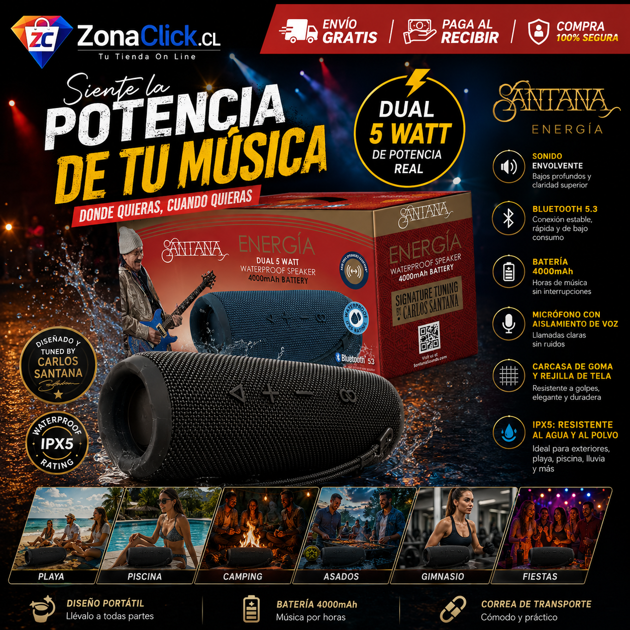 Santana Energía Parlante Bluetooth 5.3 🚚ENVÍO GRATIS + PAGA AL RECIBIR🏡