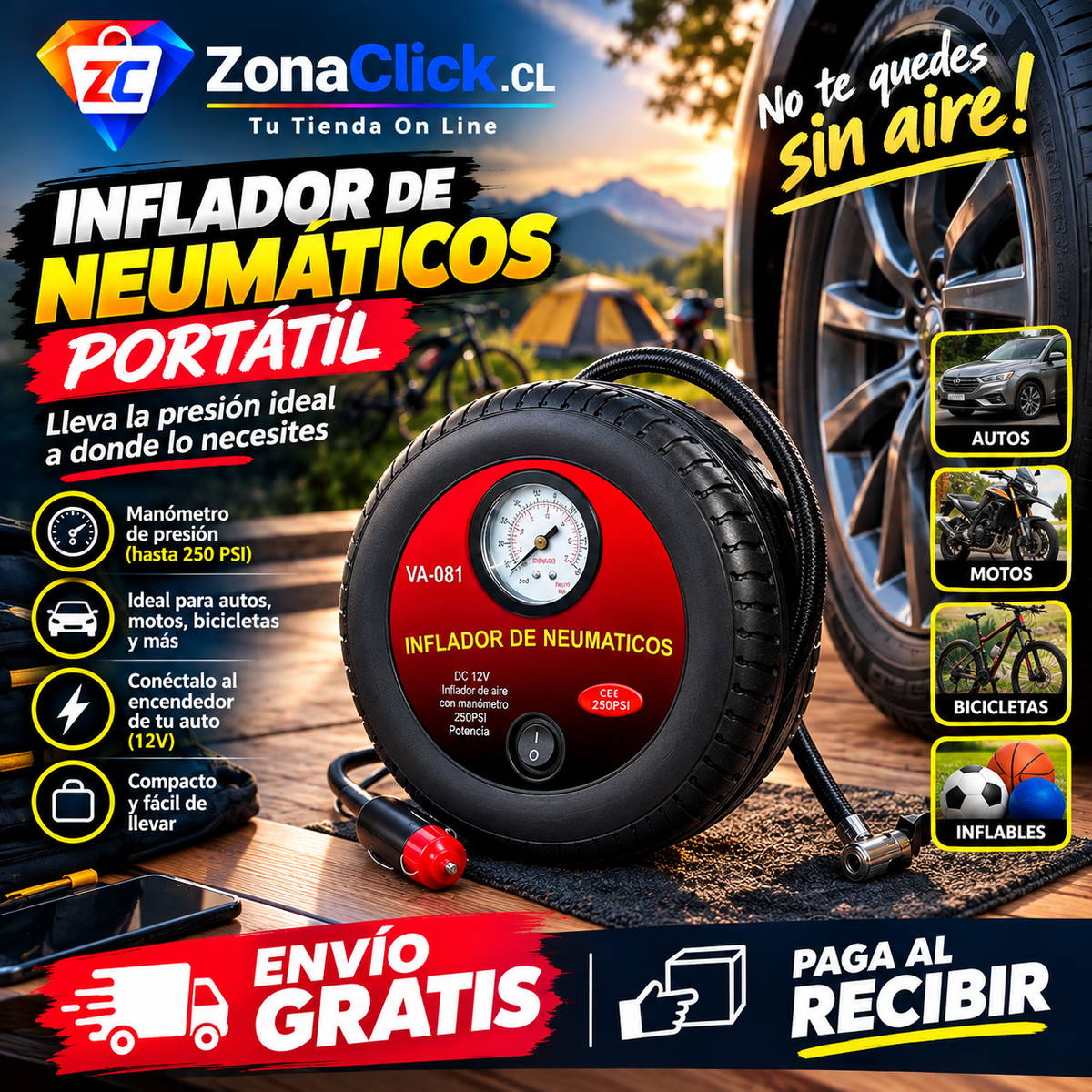 Inflador de Neumáticos Tipo Rueda 🚚ENVÍO GRATIS + PAGA AL RECIBIR🏠