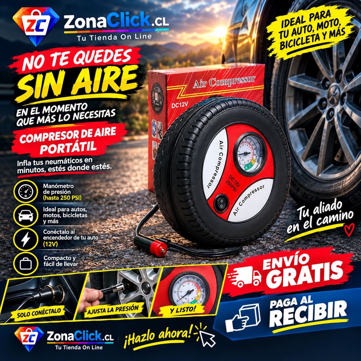 Inflador de Neumáticos Tipo Rueda 🚚ENVÍO GRATIS + PAGA AL RECIBIR🏠