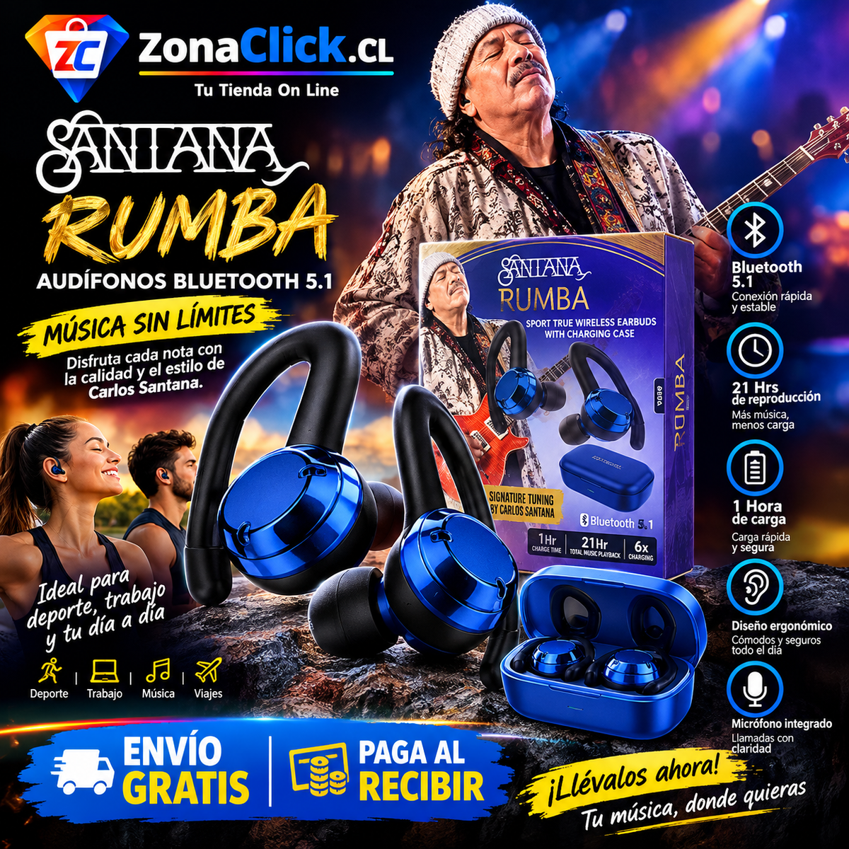 🎶Santana Rumba Auriculares Bluetooth 5.1 🚚ENVÍO GRATIS + PAGO AL RECIBIR🏠