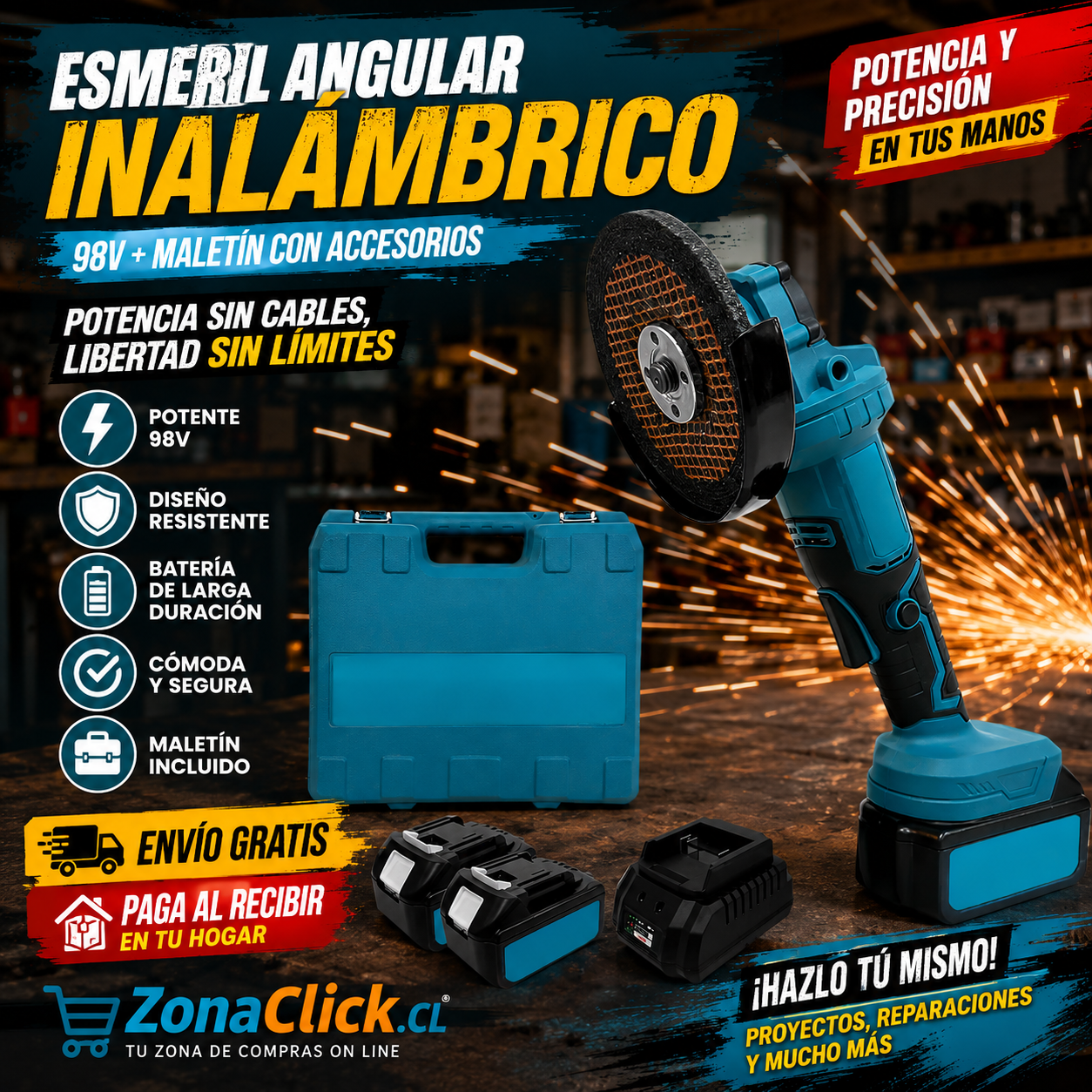 Esmeril Angular Inalámbrico 98V + Maletín con Accesorios - ENVÍO GRATIS + PAGA AL RECIBIR