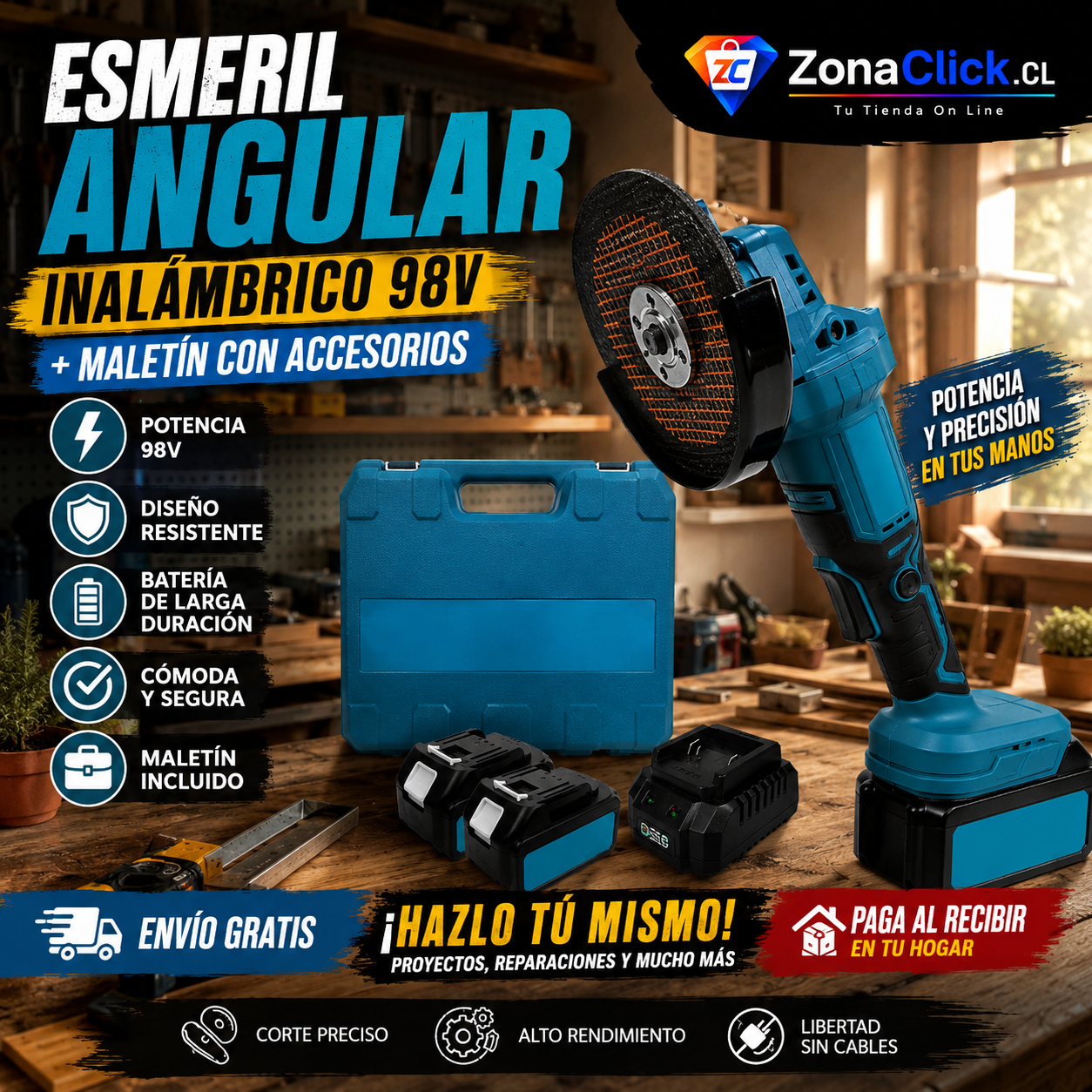 Esmeril Angular Inalámbrico 98V + Maletín con Accesorios - ENVÍO GRATIS + PAGA AL RECIBIR