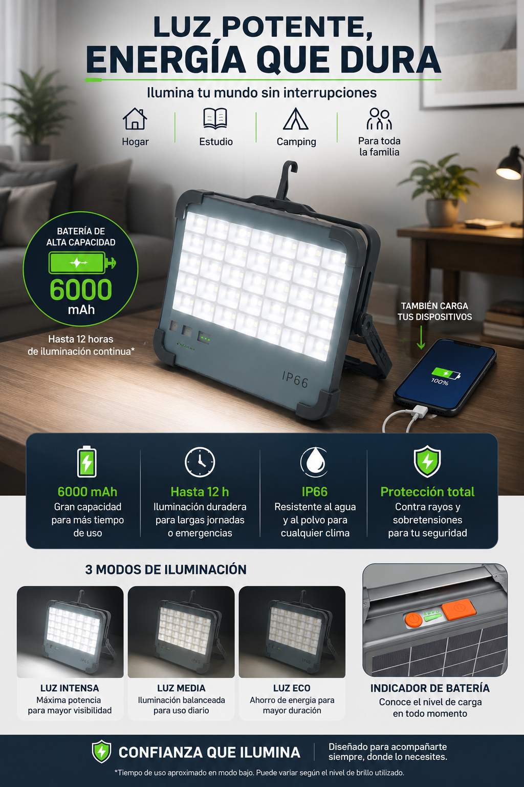 Foco Led 100w Emergencia Recargable USB y Solar + 🔥POWER BANK 6000 mAh🔥+ ENVÍO GRATIS 🏠