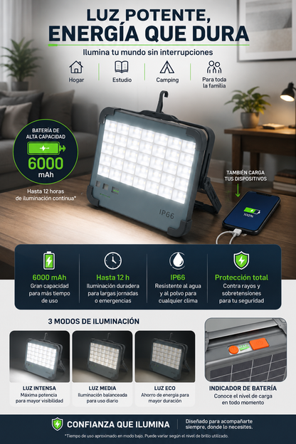 Foco Led 100w Emergencia Recargable USB y Solar + 🔥POWER BANK 6000 mAh🔥+ ENVÍO GRATIS 🏠