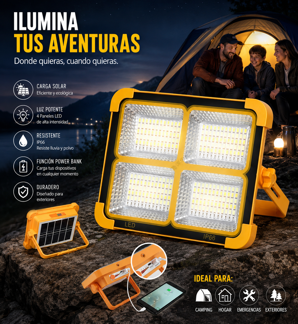 Foco de Emergencia LED Solar Recargable + ENVÍO GRATIS + PAGA AL RECIBIR