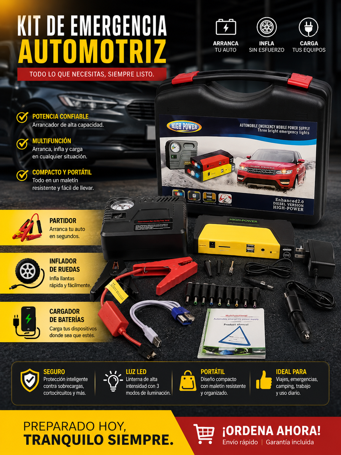 Kit Emergencia - Cargador Partidor de Baterías + Inflador - ENVÍO GRATIS