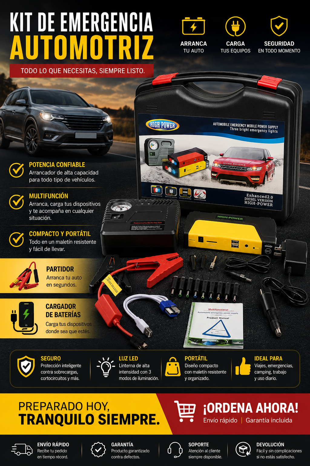 Kit Emergencia - Cargador Partidor de Baterías + Inflador - ENVÍO GRATIS
