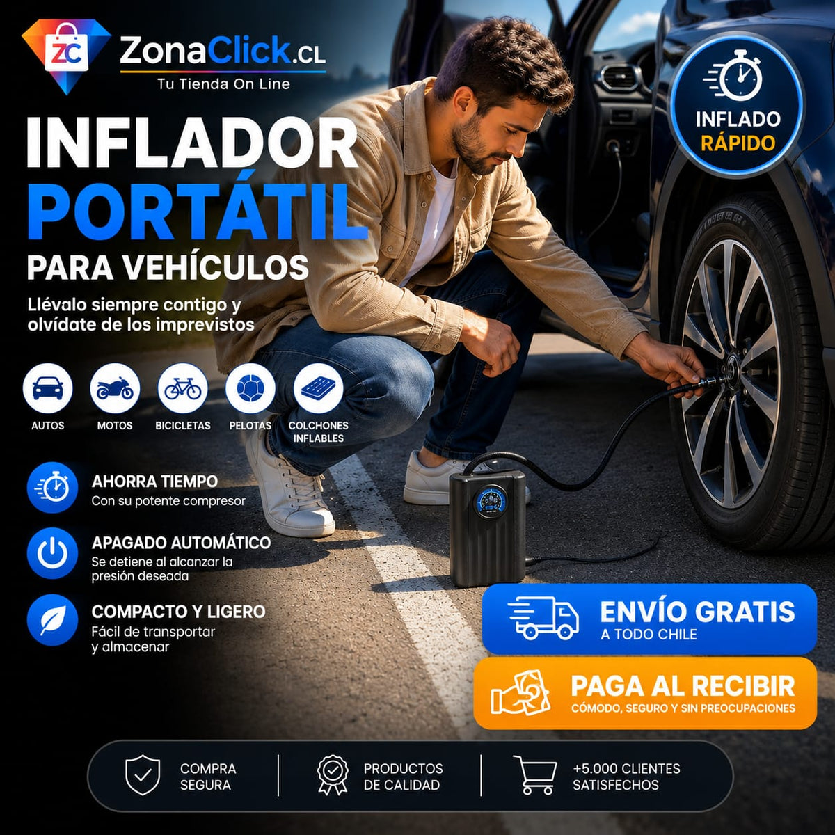 Mini Inflador de Auto, Bicicletas y Balones Portátil 🚚ENVÍO GRATIS + PAGA AL RECIBIR🏠