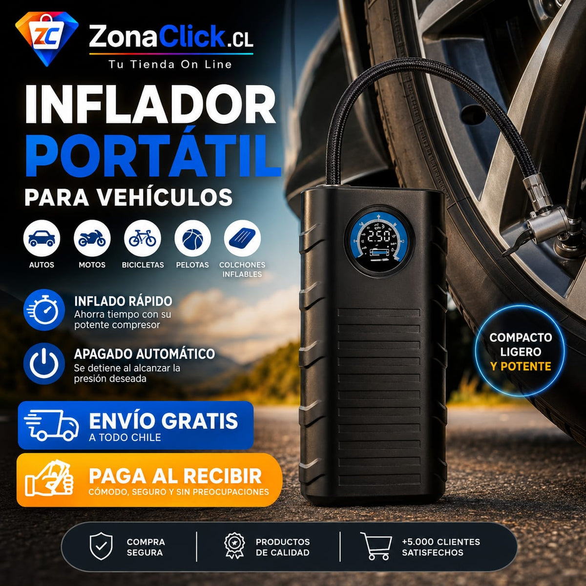 Mini Inflador de Auto, Bicicletas y Balones Portátil 🚚ENVÍO GRATIS + PAGA AL RECIBIR🏠