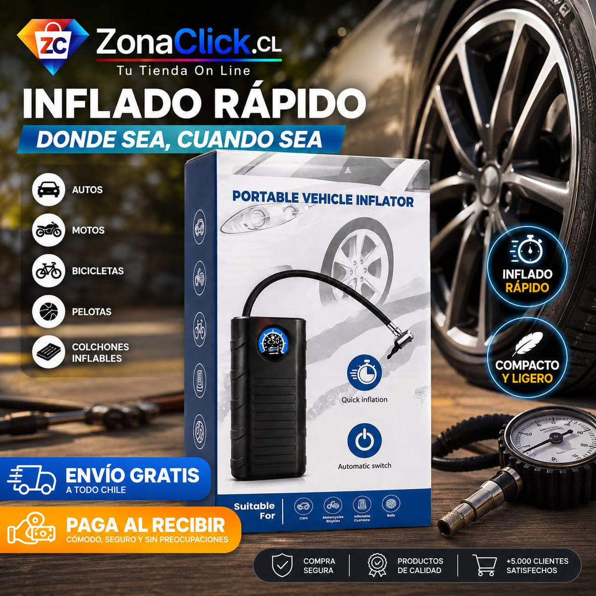 Mini Inflador de Auto, Bicicletas y Balones Portátil 🚚ENVÍO GRATIS + PAGA AL RECIBIR🏠